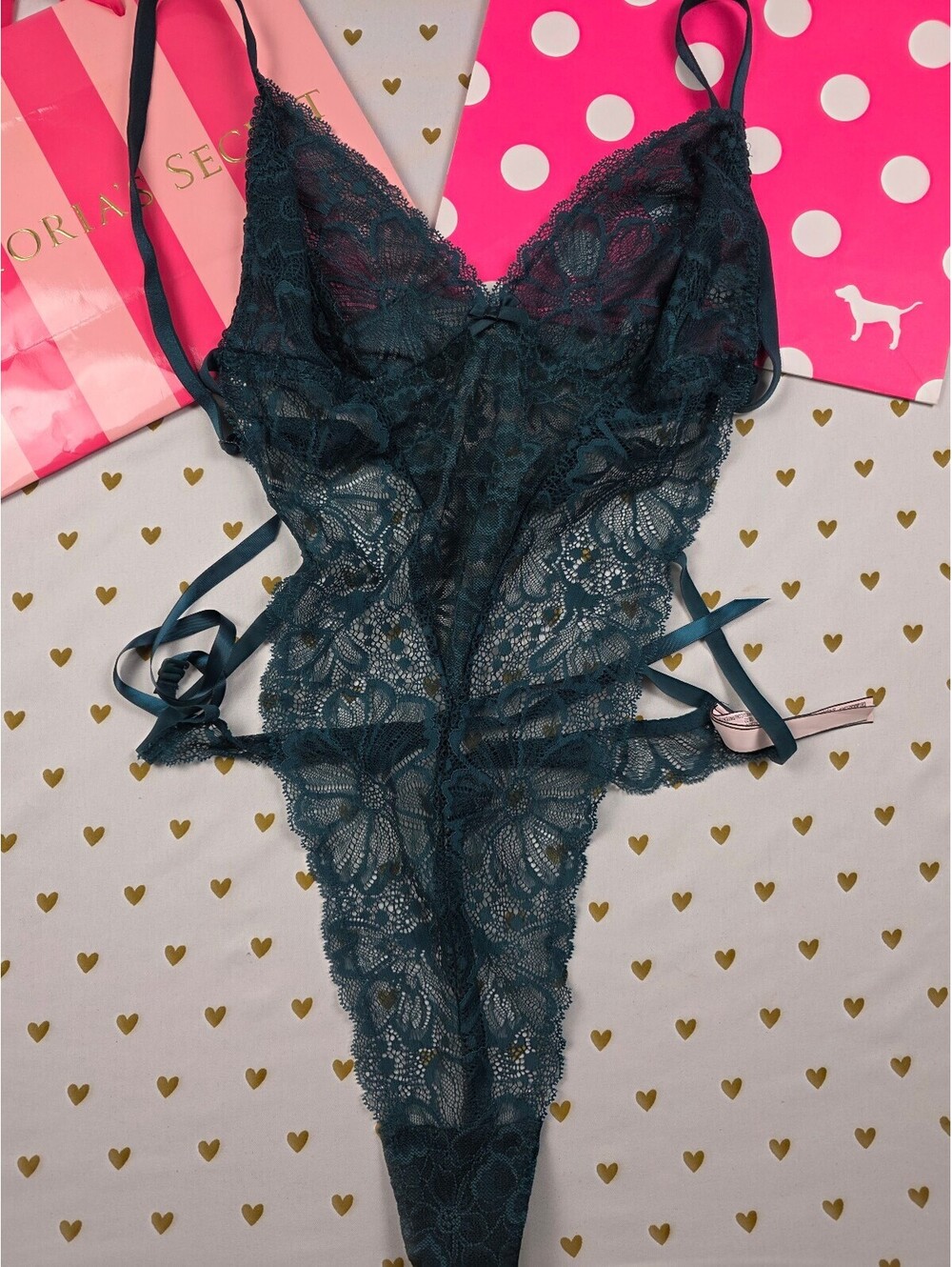 Victoria's Secret Teal Floral Lace Teddy Bodysuit XL Satin Tie Thong
